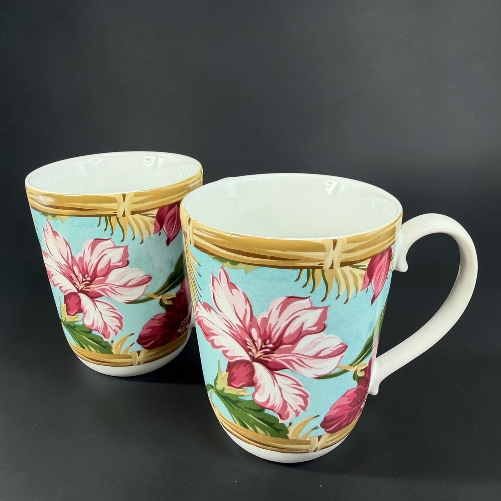 222 Fifth Hibiscus Coffee Mugs Set of 2 Turquoise Pink Floral Stoneware Tropical